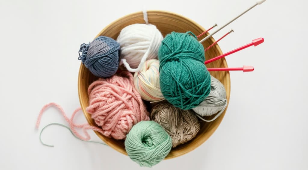 A bowl filled with colorful yarn balls and knitting needles on white table