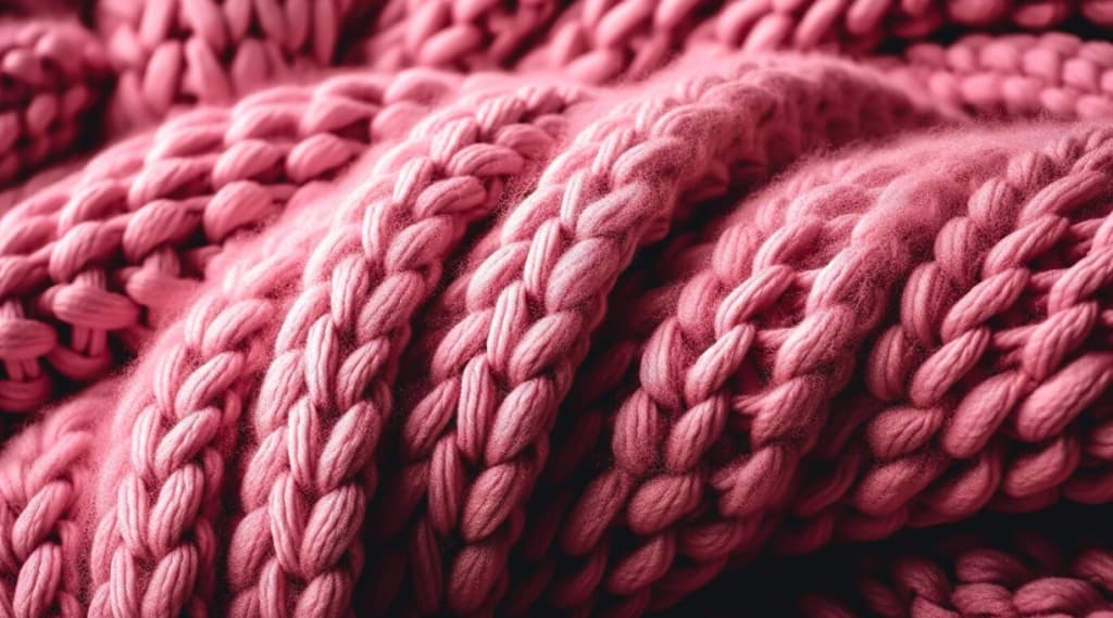 Macro shot of a pink chunky knit fabric with prominent stitches