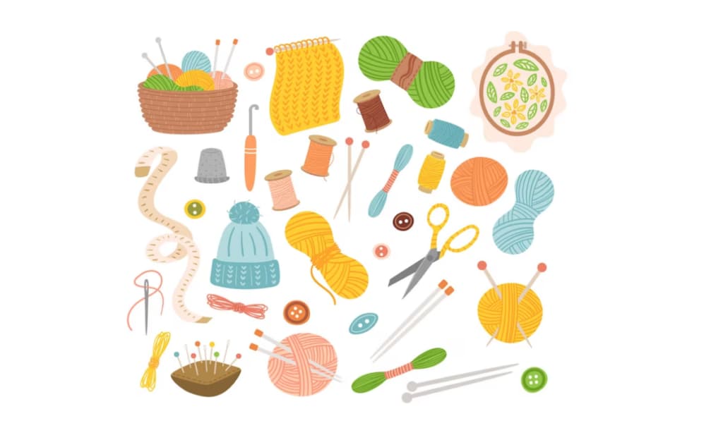 Colorful illustration of various knitting tools and yarn balls