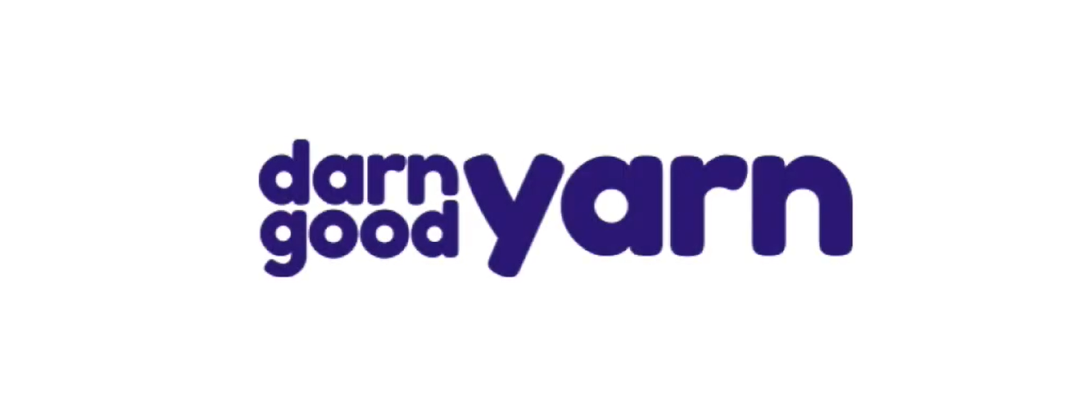 The logo of "Darn Good Yarn" in purple lettering on a white background