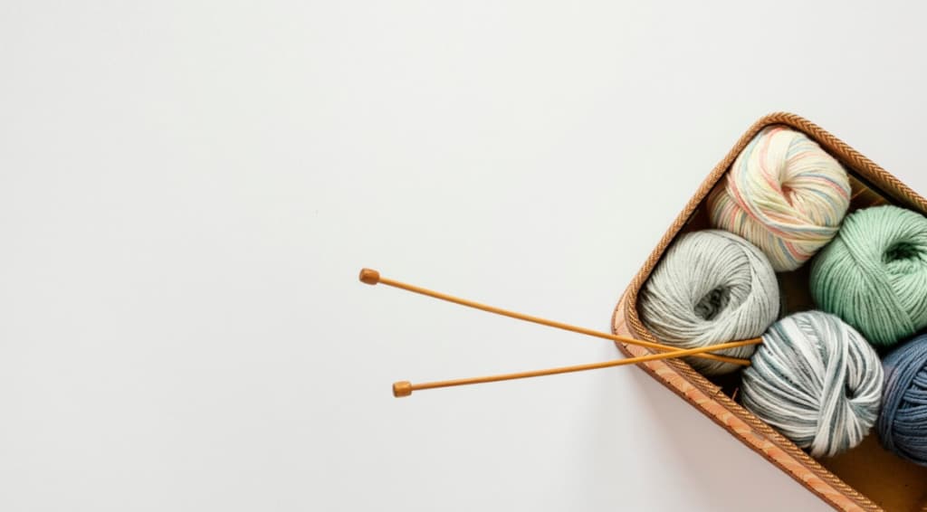 A basket filled with balls of yarn and knitting needles against a white background