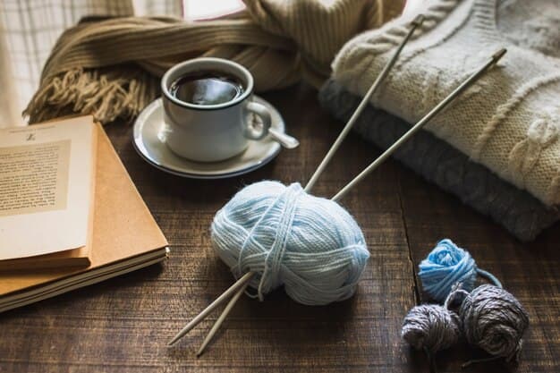 Knitting Supplies Near Hot Beverage and Books