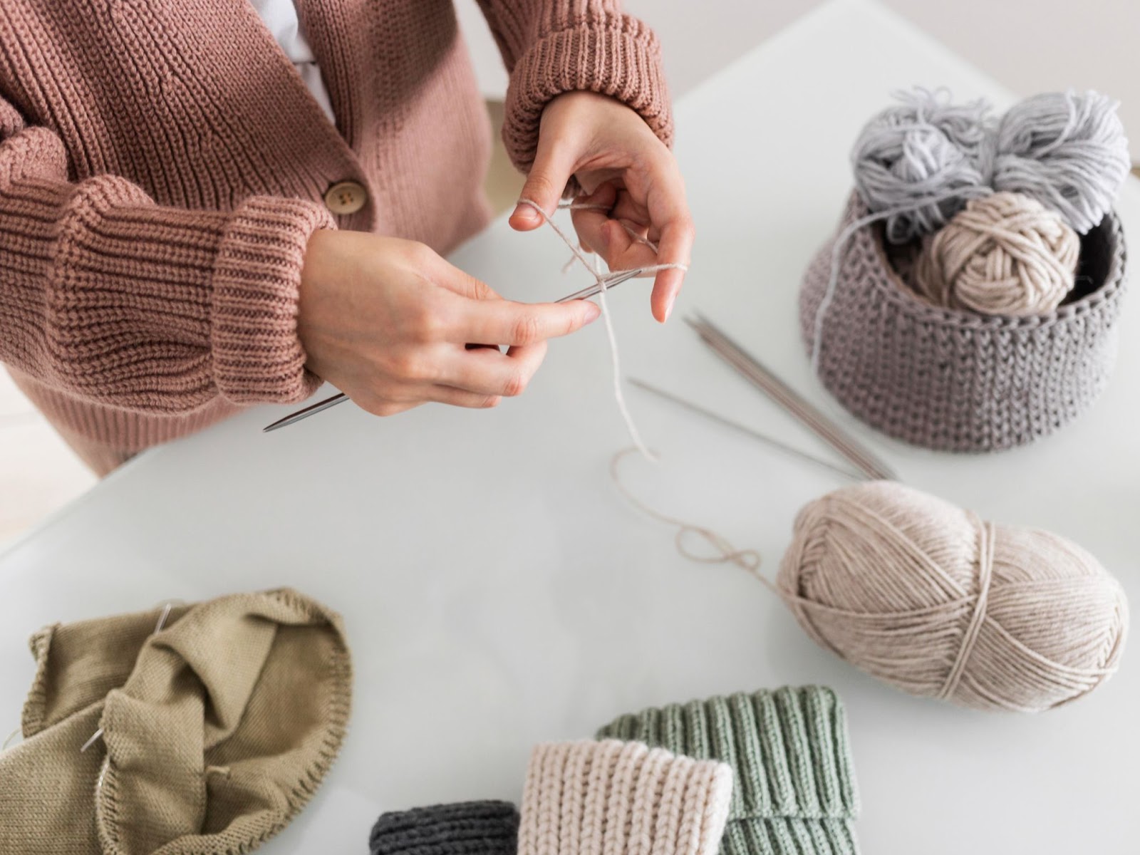 Top view of woman knitting