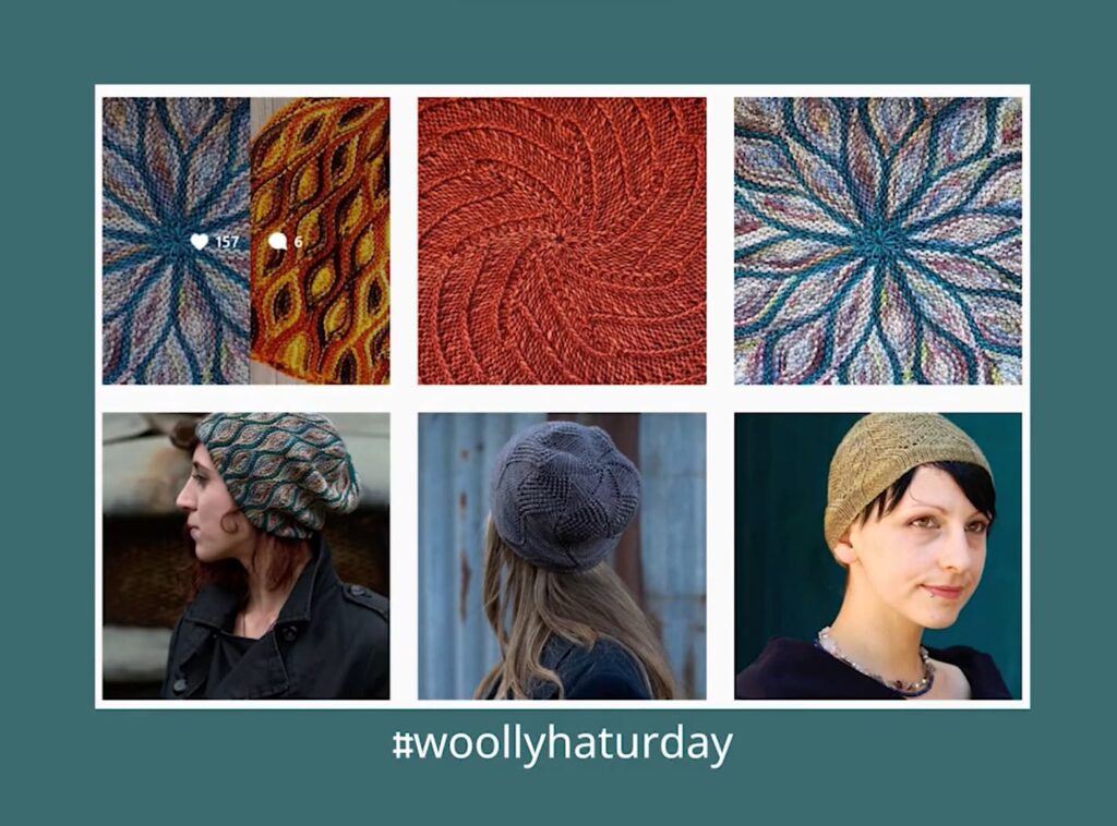 A collage of knitted hats, with close-ups of their patterns, and images of people wearing them