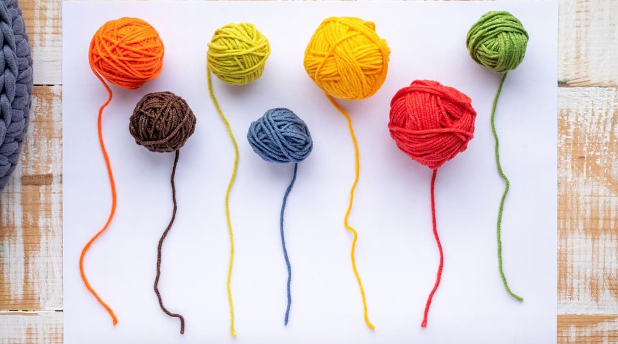 Colorful yarn balls with trailing ends on a white background